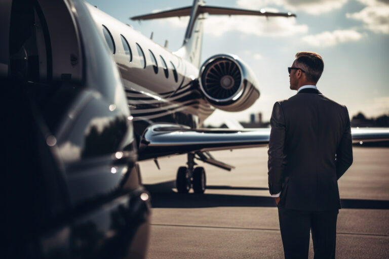 Businessman in suit stands next to private plane