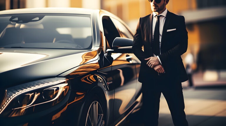 Professional driver near luxury car, closeup