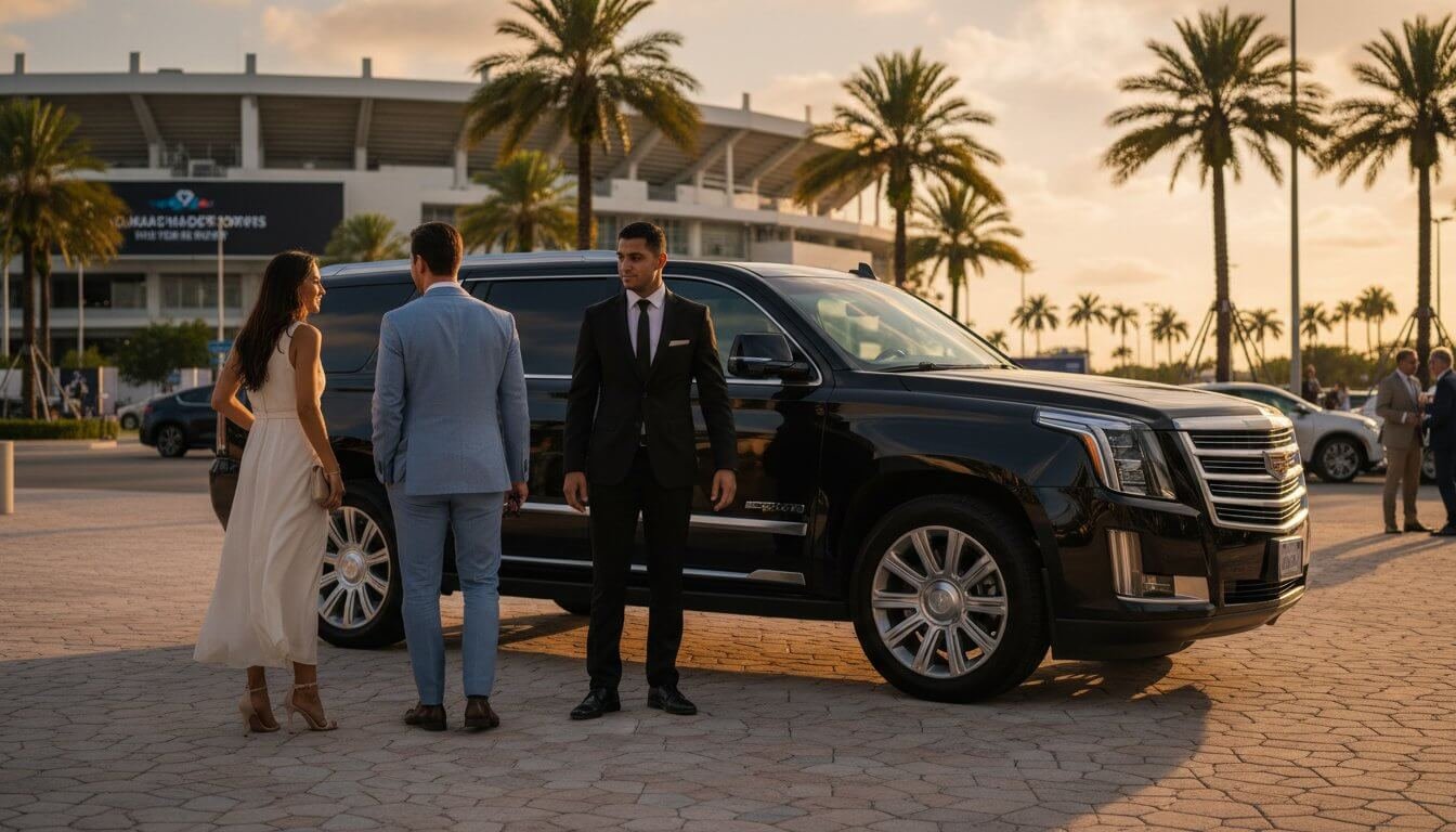 Miami Open Black Car Service Arrive at Hard Rock Stadium in Unmatched Style Hero Image Luxury FIFA World Cup Transportation in Miami LEEMO chauffeur greeting clients at Hard Rock Stadium, Miami Gardens