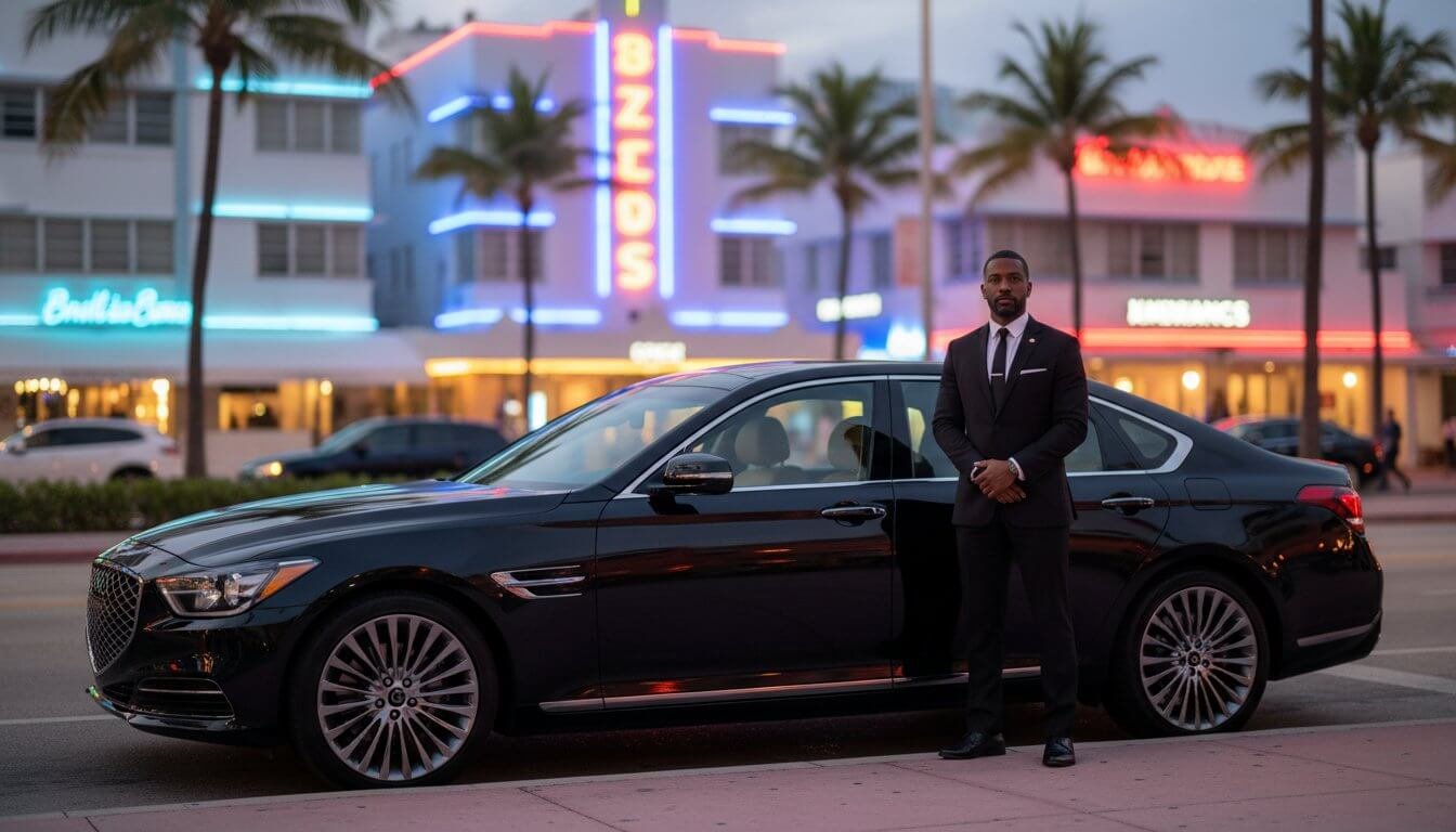 Black Car Service South Beach The Executive Guide to Miami Beach Luxury Travel Hero Image Miami Beach Car Service LEEMO black car at a Miami Beach hotel porte-cochere