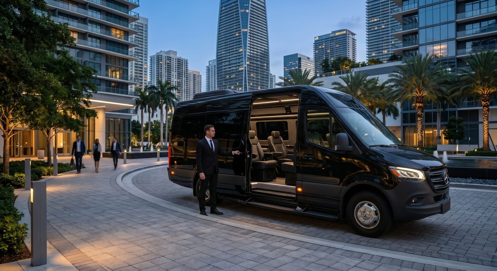 Black Jet Sprinter Corporate Art Basel Miami Beach 2026 Transportation LEEMO chauffeur with a black Mercedes-Benz Sprinter van for private group transportation
