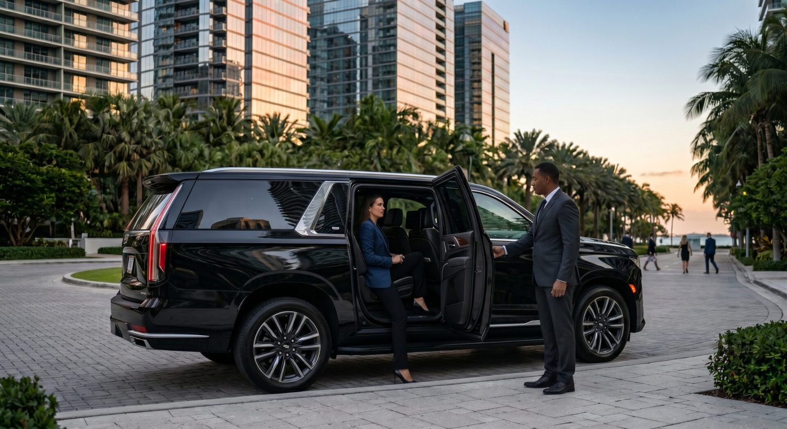 Brickell Car Service Art Basel Miami Beach 2026 Transportation LEEMO chauffeur opening the door of a black Cadillac Escalade SUV on a palm-lined Miami street