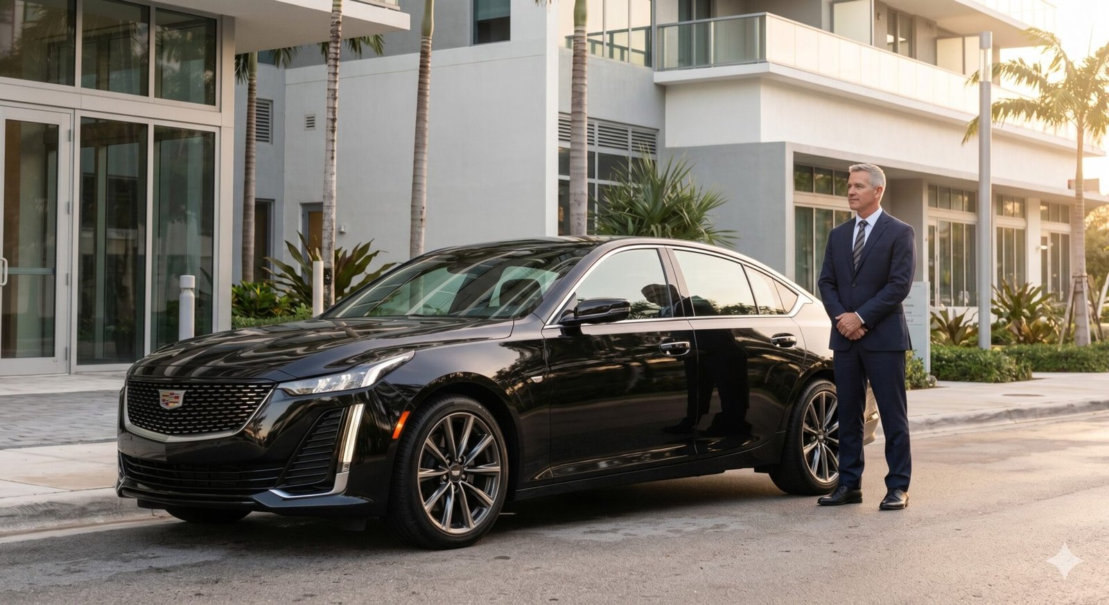 leemo chauffeur black cadillac ct5 sedan miami south florida Home LEEMO chauffeur standing beside a black Cadillac CT5 sedan outside a modern South Florida building