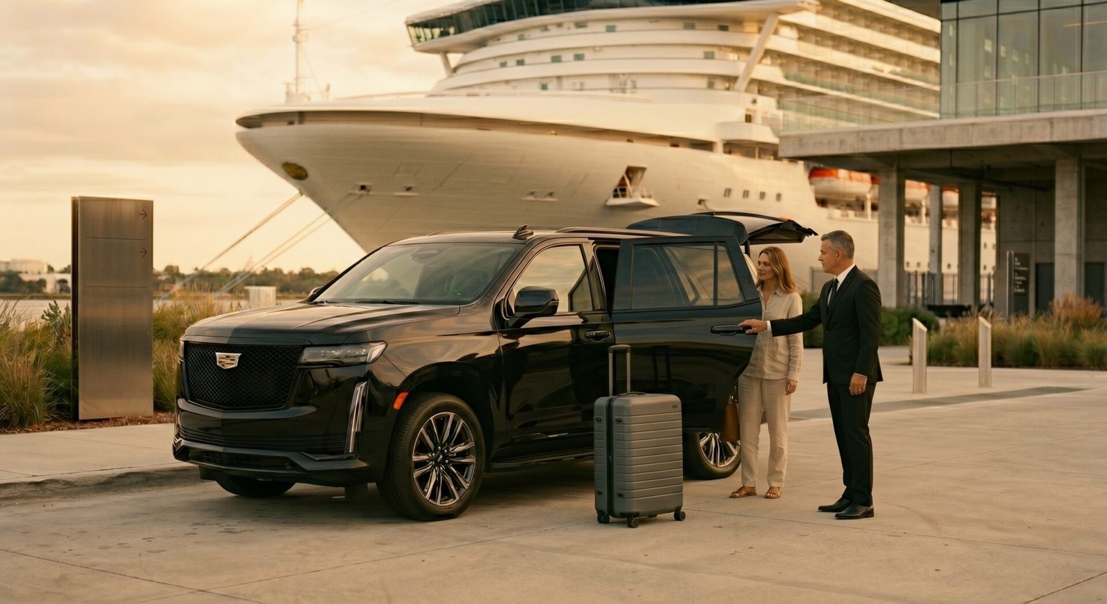 leemo cruise port transfer cadillac escalade port everglades Cruise Port Transfers LEEMO chauffeur loading luggage into a black Cadillac Escalade at a Miami cruise terminal for a Port Everglades cruise transfer